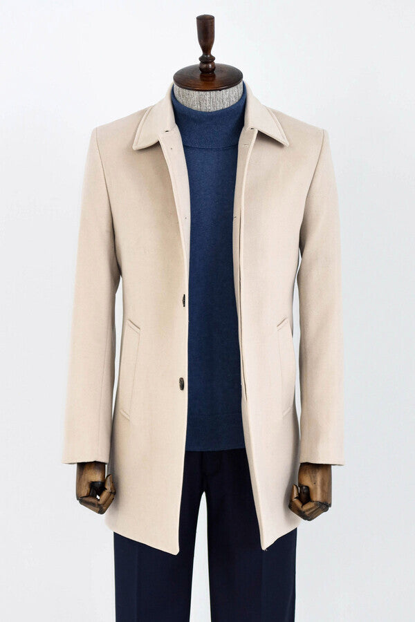 Plain Hidden Button Beige Men Coat - Wessi