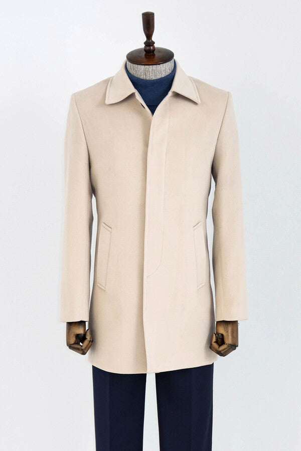 Plain Hidden Button Beige Men Coat - Wessi