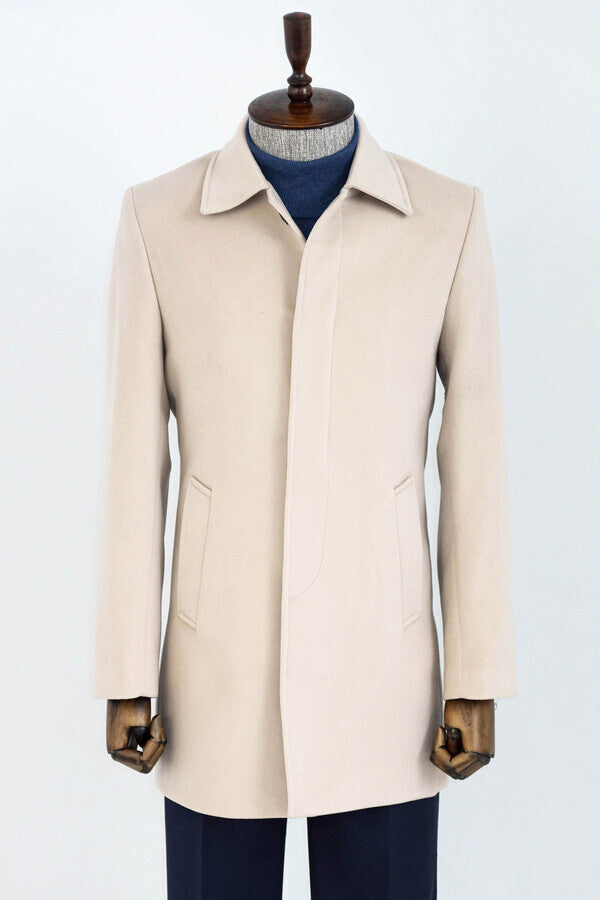 Plain Hidden Button Beige Men Coat - Wessi