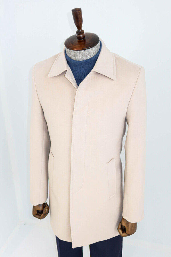 Plain Hidden Button Beige Men Coat - Wessi