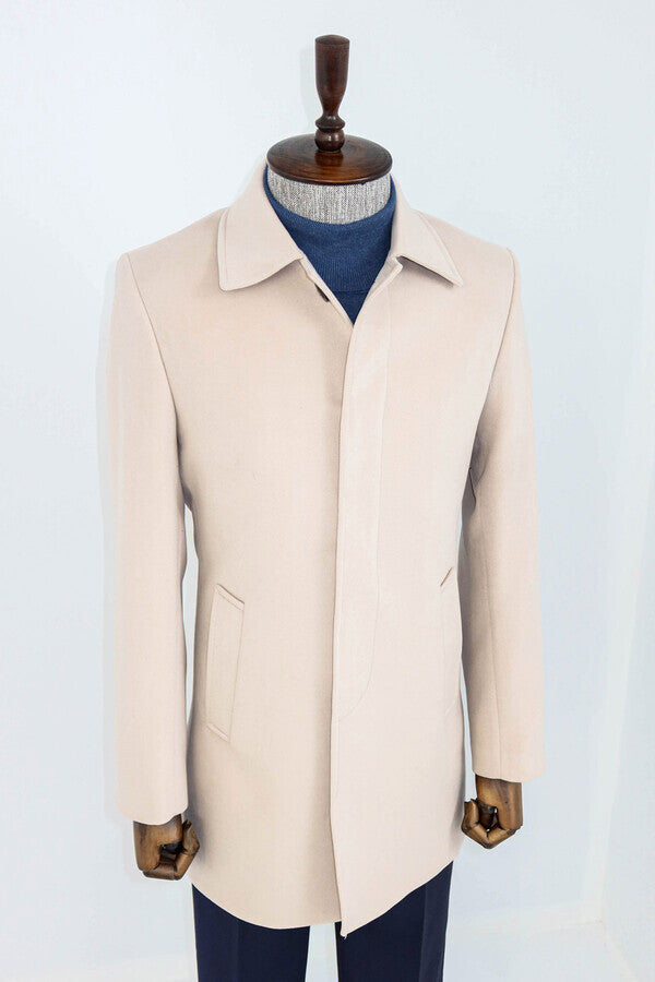 Plain Hidden Button Beige Men Coat - Wessi