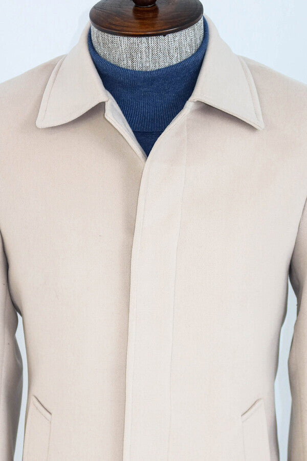 Plain Hidden Button Beige Men Coat - Wessi