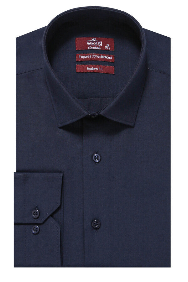 Plain Long Sleeves Regular Fit Navy Blue Men Shirt - Wessi