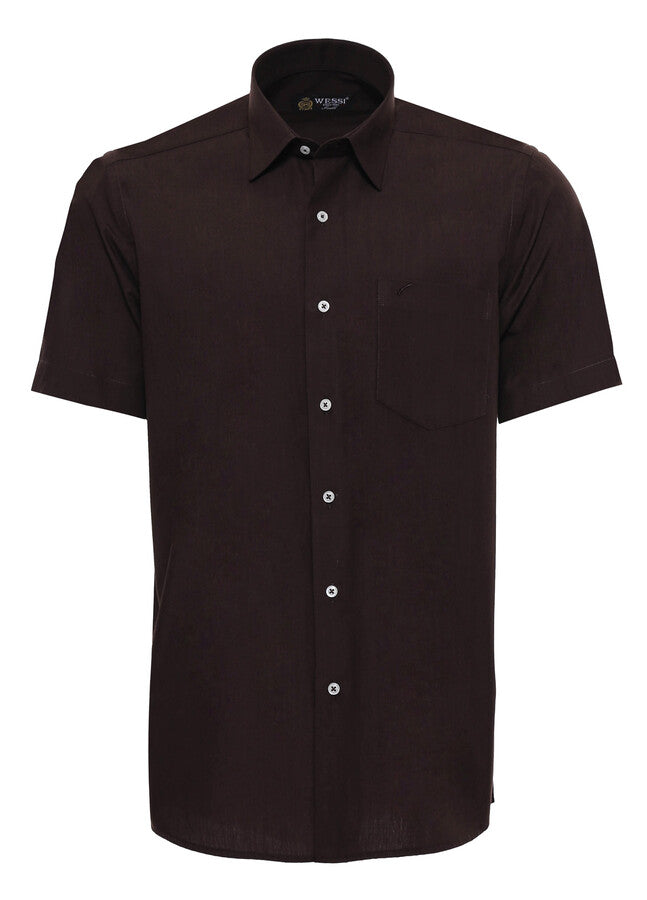 Plain Short Sleeves Brown Men Shirt - Wessi