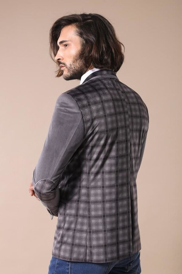 Plain Sleeve Plaid Chest Smoked Velvet Blazer - Wessi