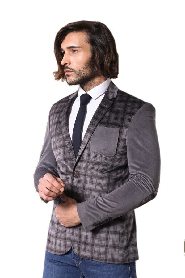 Plain Sleeve Plaid Chest Smoked Velvet Blazer - Wessi