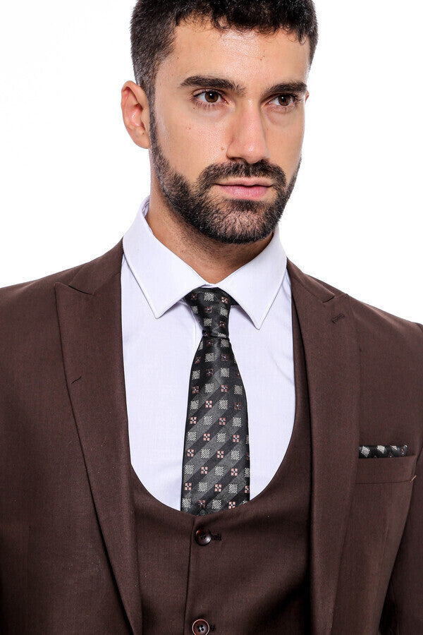 Plain Slim Fit Brown Men Suit - Wessi