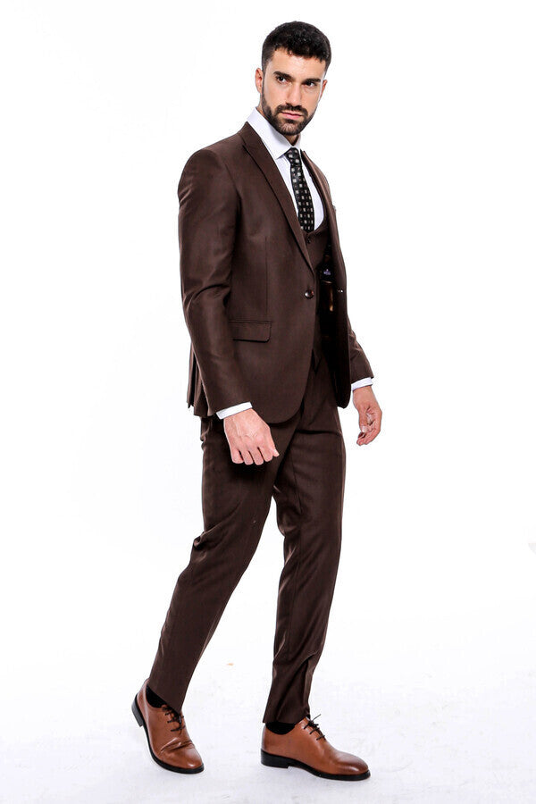 Plain Slim Fit Brown Men Suit - Wessi