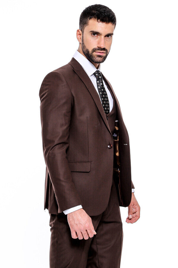 Plain Slim Fit Brown Men Suit - Wessi