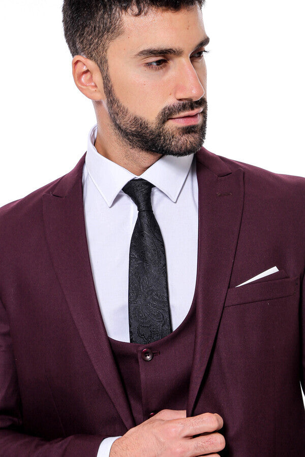 Plain Slim Fit Burgundy Men Suit - Wessi