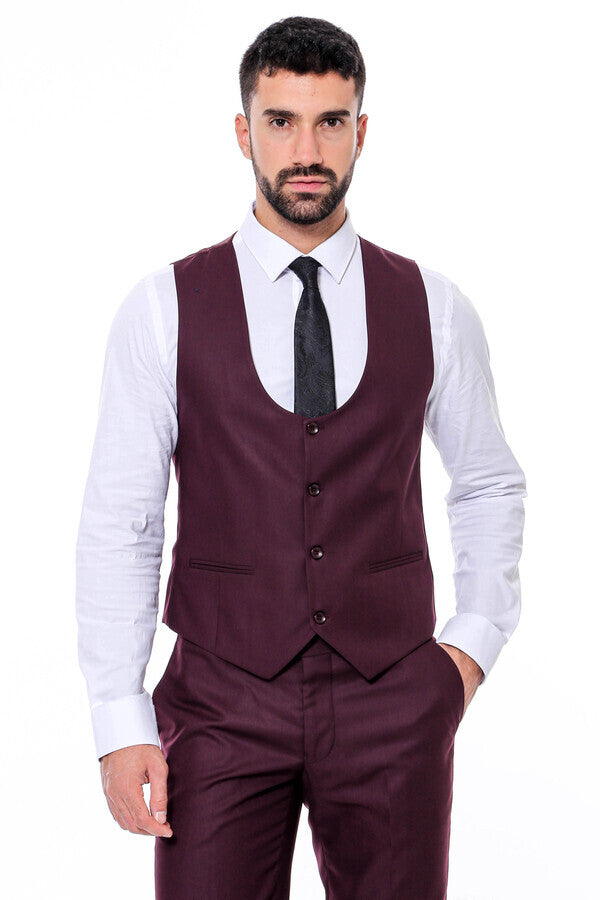 Plain Slim Fit Burgundy Men Suit - Wessi