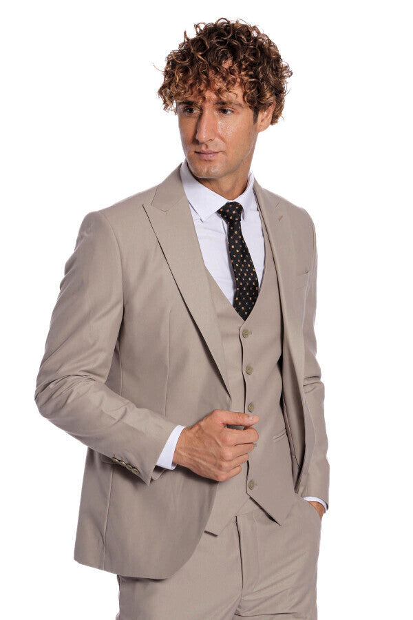 Plain Slim Fit Light Brown Men Suit - Wessi