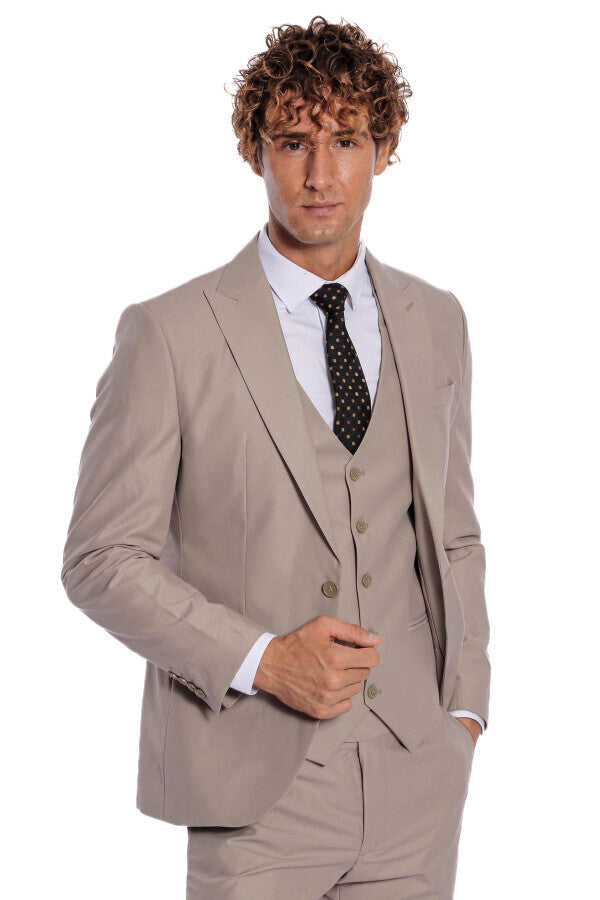 Plain Slim Fit Light Brown Men Suit - Wessi