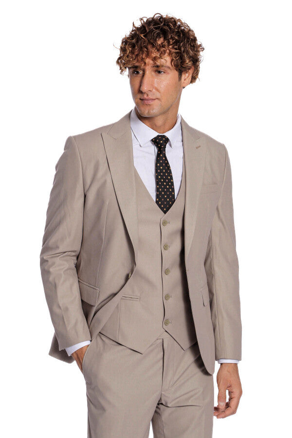 Plain Slim Fit Light Brown Men Suit - Wessi