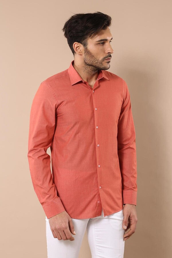 Plain Slim Fit Long Sleeves Salmon Color Men Shirt - Wessi