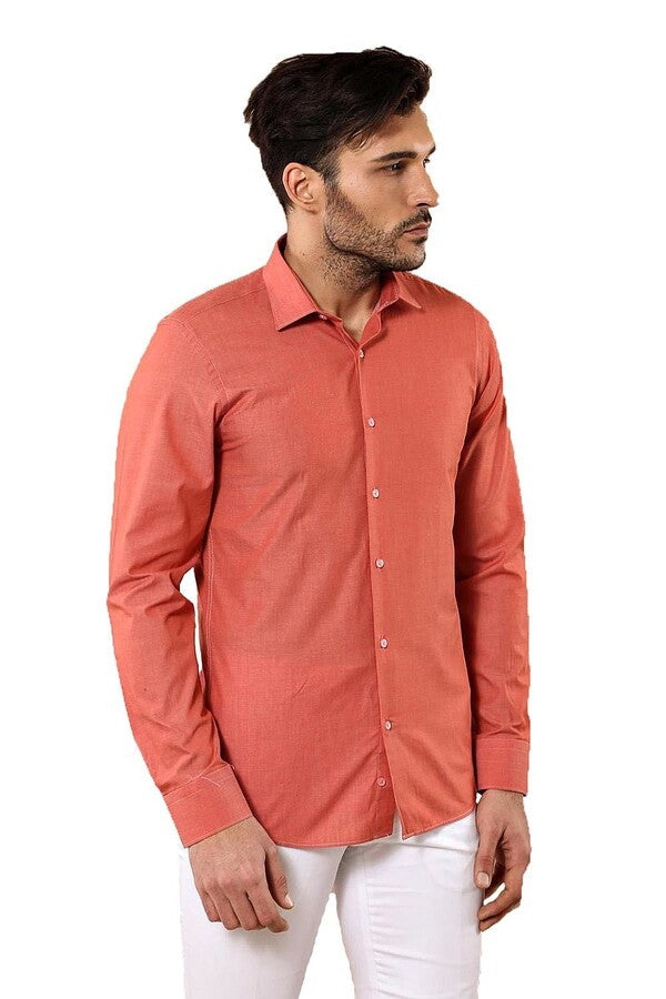 Plain Slim Fit Long Sleeves Salmon Color Men Shirt - Wessi