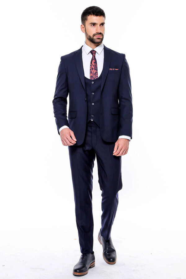 Plain Slim Fit Navy Blue Men Suit - Wessi