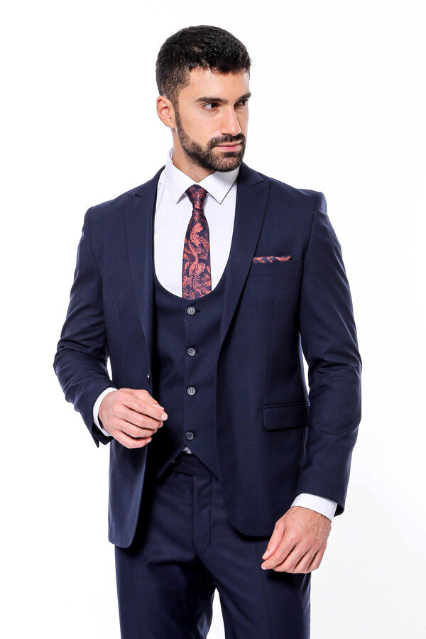 Plain Slim Fit Navy Blue Men Suit - Wessi