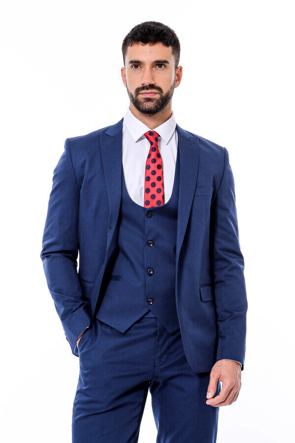 Plain Slim Fit Navy Blue Men Suit - Wessi