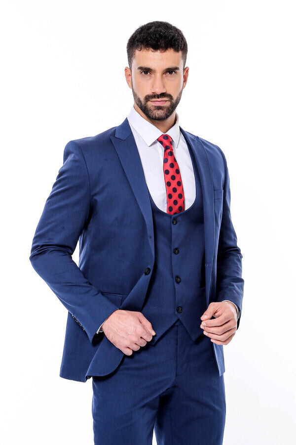 Plain Slim Fit Navy Blue Men Suit - Wessi