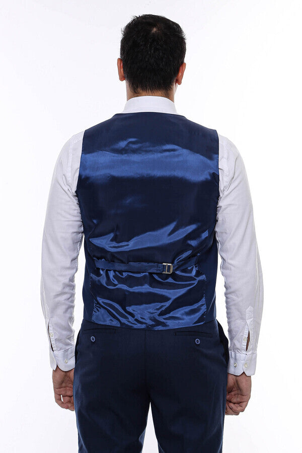 Plain Slim Fit Navy Blue Men Vest - Wessi