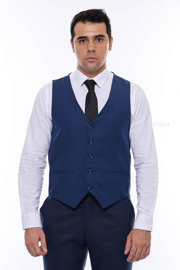 Plain Slim Fit Navy Blue Men Vest - Wessi