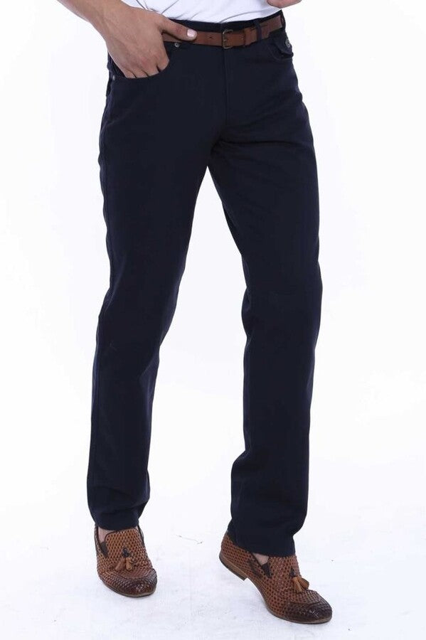 Plain Suede Flap Pockets Cotton Navy Blue Men Pants - Wessi