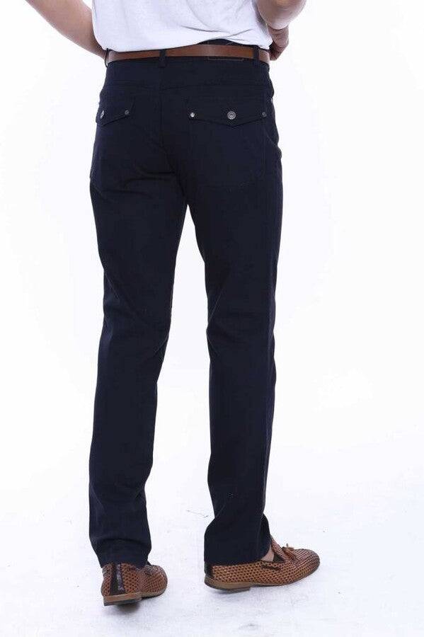 Plain Suede Flap Pockets Cotton Navy Blue Men Pants - Wessi