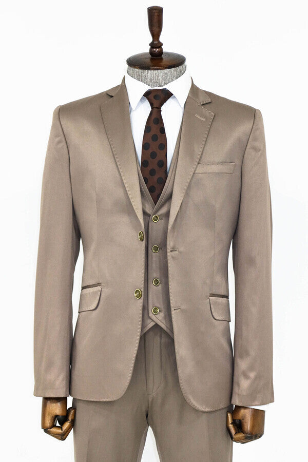 Plain Vested Light Brown Men Suit - Wessi