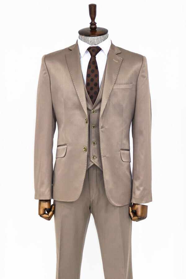 Plain Vested Light Brown Men Suit - Wessi