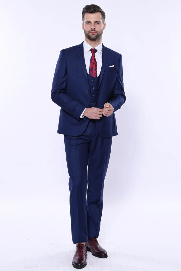 Plain Vested Navy Blue Men's Suit | Wessi