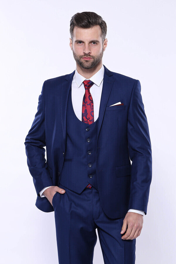 Plain Vested Navy Blue Men's Suit | Wessi