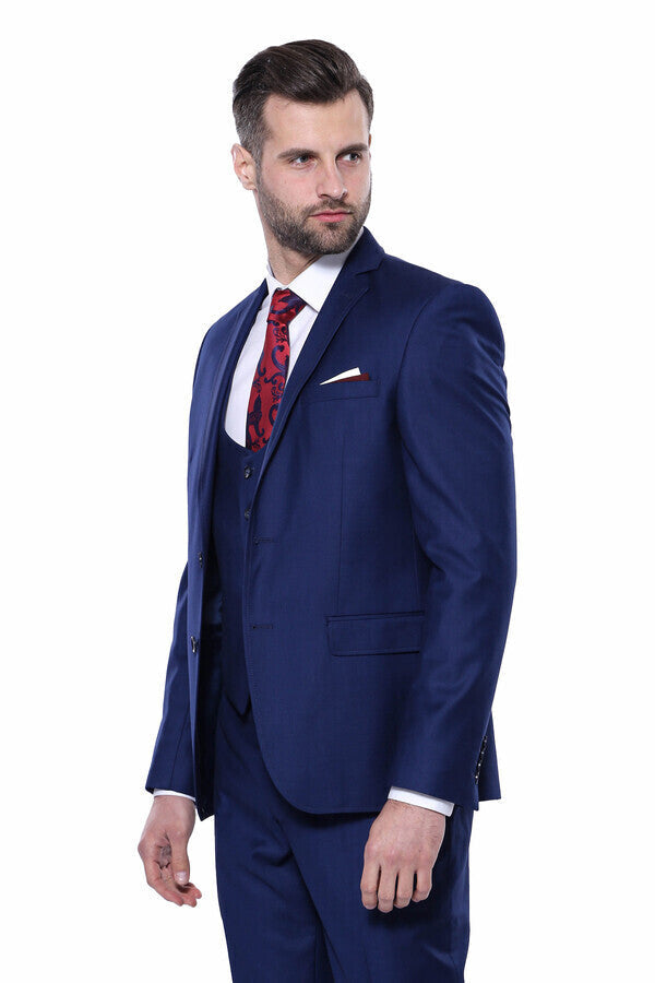 Plain Vested Navy Blue Men's Suit | Wessi