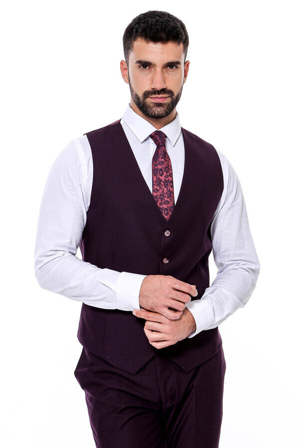 Plain Wide Lapel Burgundy Men Suit - Wessi