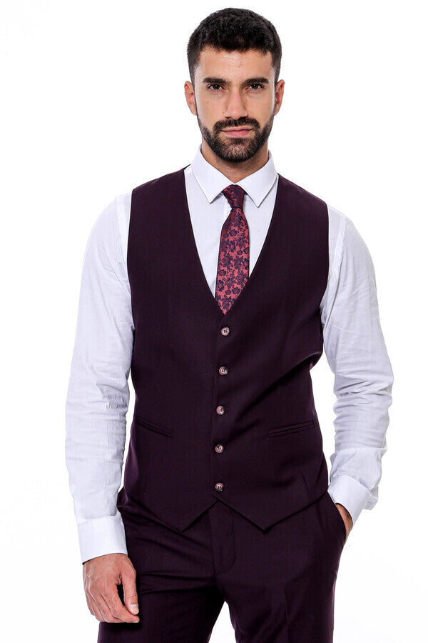 Plain Wide Lapel Burgundy Men Suit - Wessi