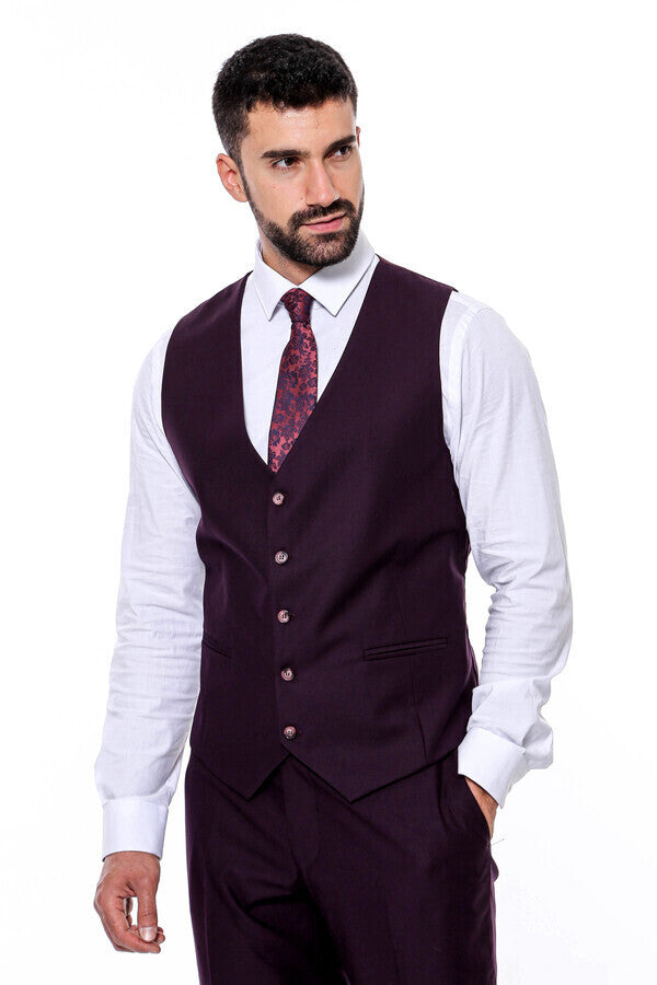 Plain Wide Lapel Burgundy Men Suit - Wessi