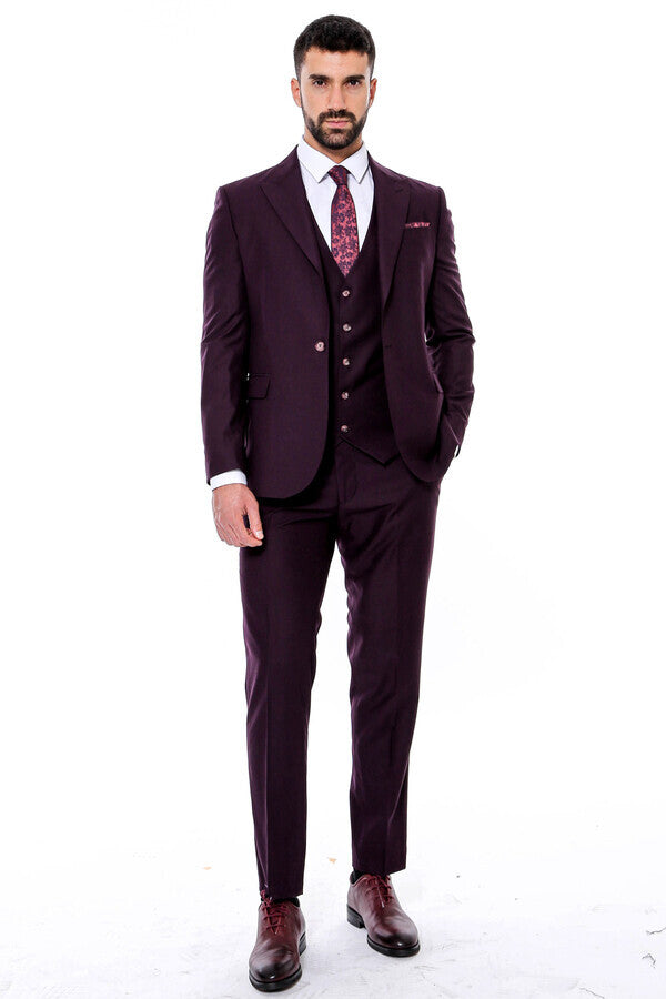 Plain Wide Lapel Burgundy Men Suit - Wessi