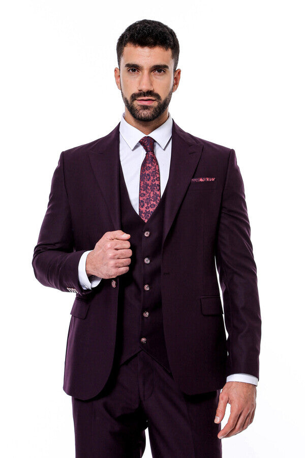 Plain Wide Lapel Burgundy Men Suit - Wessi