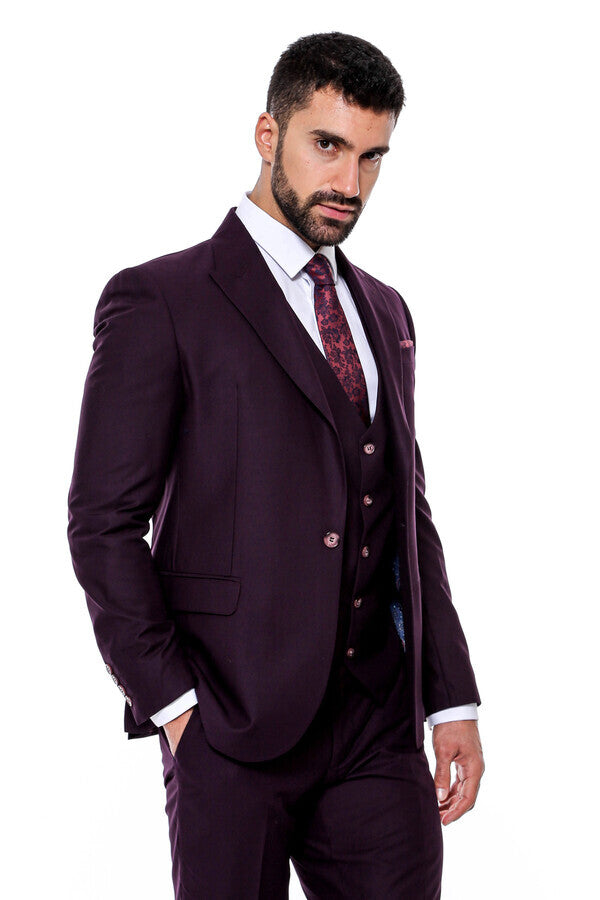 Plain Wide Lapel Burgundy Men Suit - Wessi