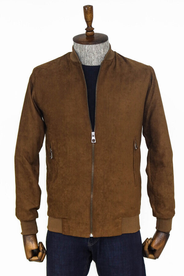 Plain Zippered Pockets Brown Men Bomber Coat - Wessi