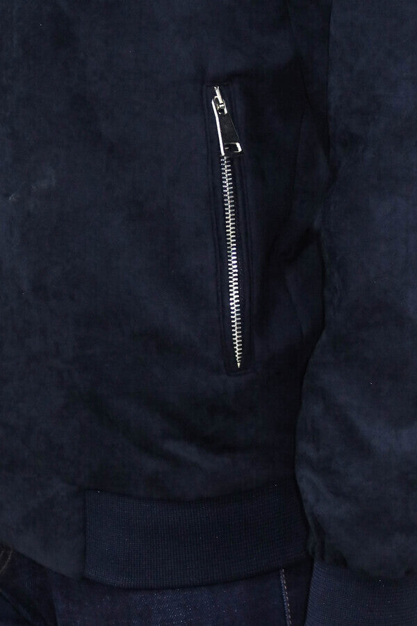 Plain Zippered Pockets Navy Blue Men Bomber Coat - Wessi