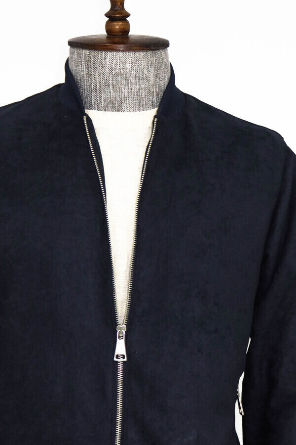 Plain Zippered Pockets Navy Blue Men Bomber Coat - Wessi