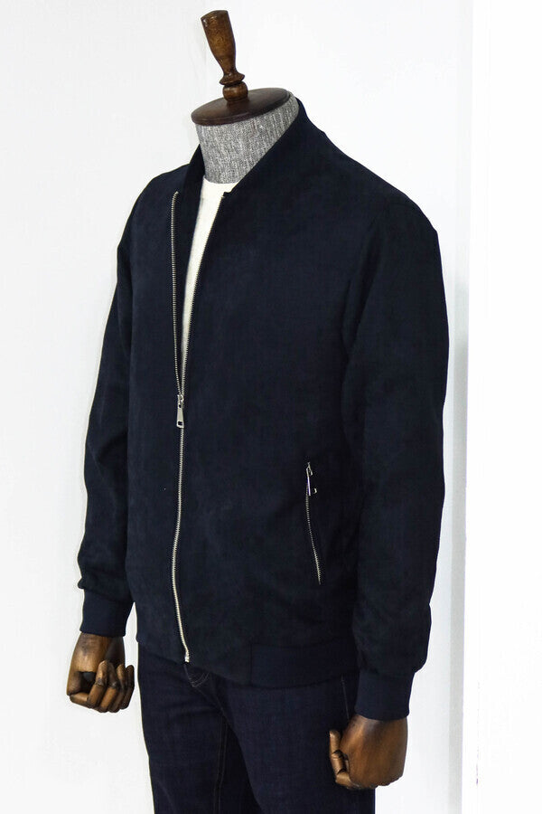 Plain Zippered Pockets Navy Blue Men Bomber Coat - Wessi