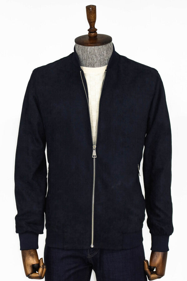 Plain Zippered Pockets Navy Blue Men Bomber Coat - Wessi