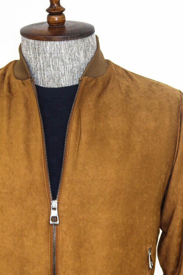 Plain Zippered Pockets Tan Men Bomber Coat - Wessi