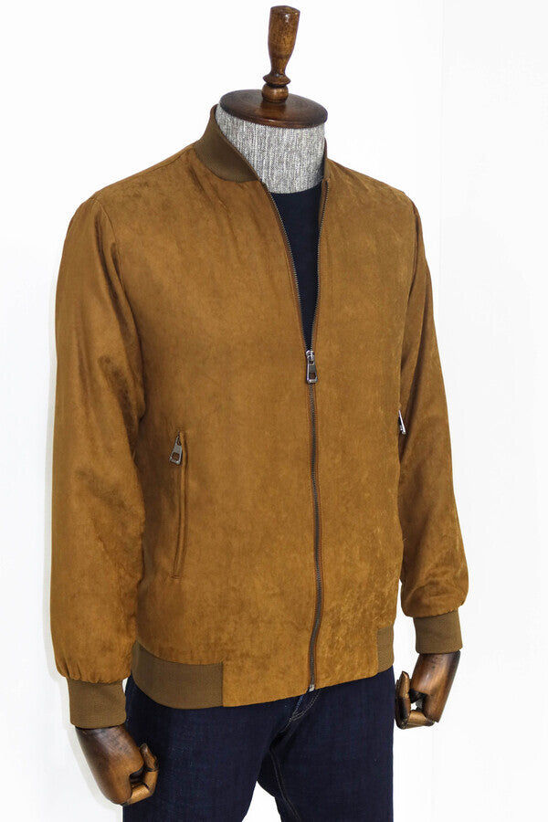 Plain Zippered Pockets Tan Men Bomber Coat - Wessi