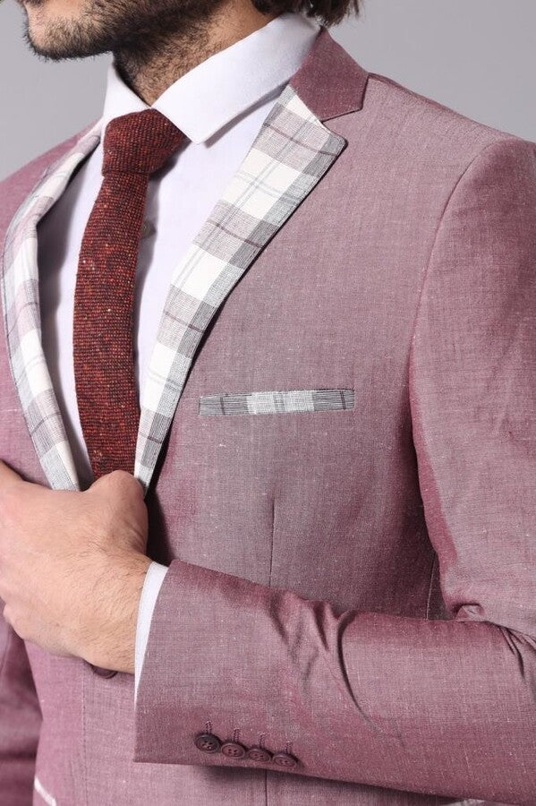 Pocket and Collar Plaid Mens Linnen Burgundy Blazer - Wessi