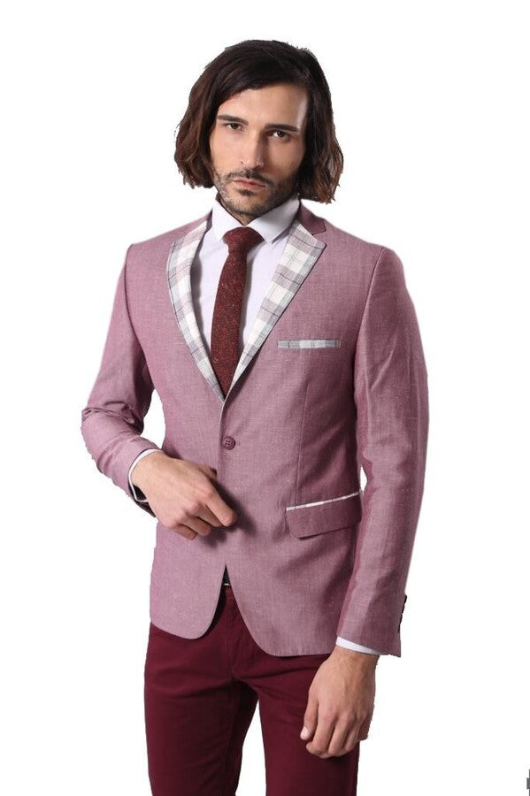 Pocket and Collar Plaid Mens Linnen Burgundy Blazer - Wessi