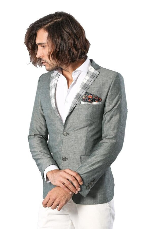 Pocket and Collar Plaid Mens Linnen Blazer - Wessi