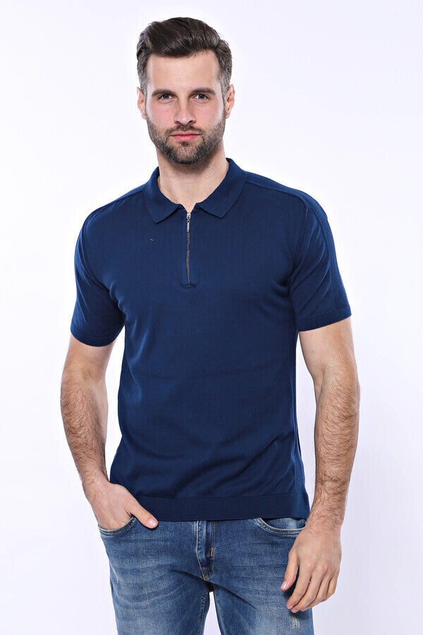 Polo Neck Plain Blue Knitted T-Shirt - Wessi